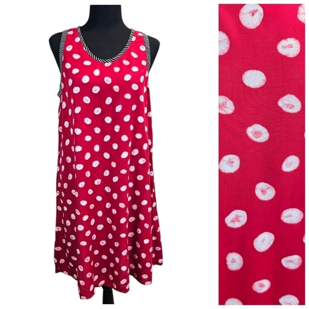 Iguana Red Polka Dot Rayon Swing Dress Small Sleeveless Retro Summer Shift Artsy